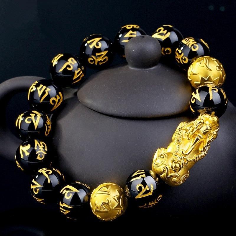 Genuine Feng Shui Black Obsidian Mantra Beaded Bracelet with Gold Pi Xiu, Feng Shui Bracelets Luck for Men and Women